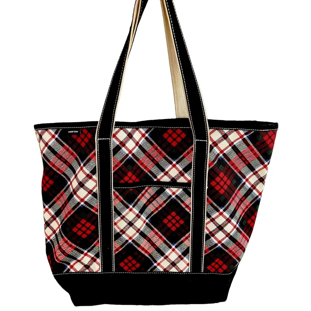 Lands' End 5 Pocket XL Canvas Tote Bag Top 5-Pocket Tartan Plaid Blue/Red